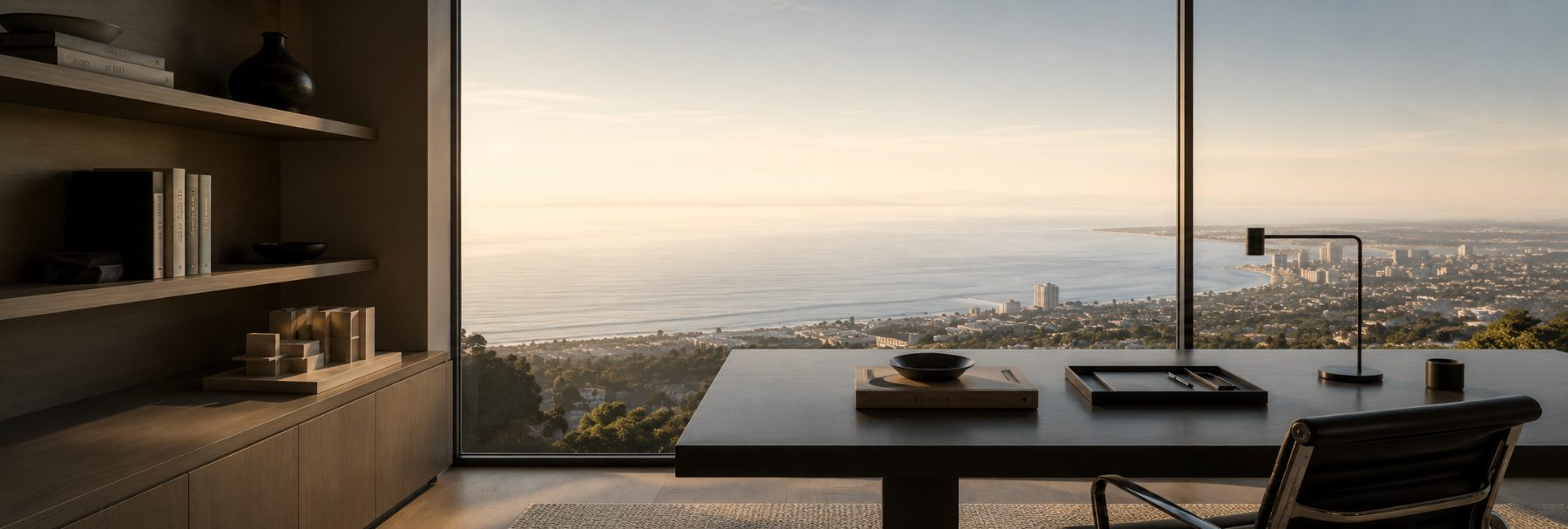 Coastal city and ocean view from a calm, naturally lit office at golden hour