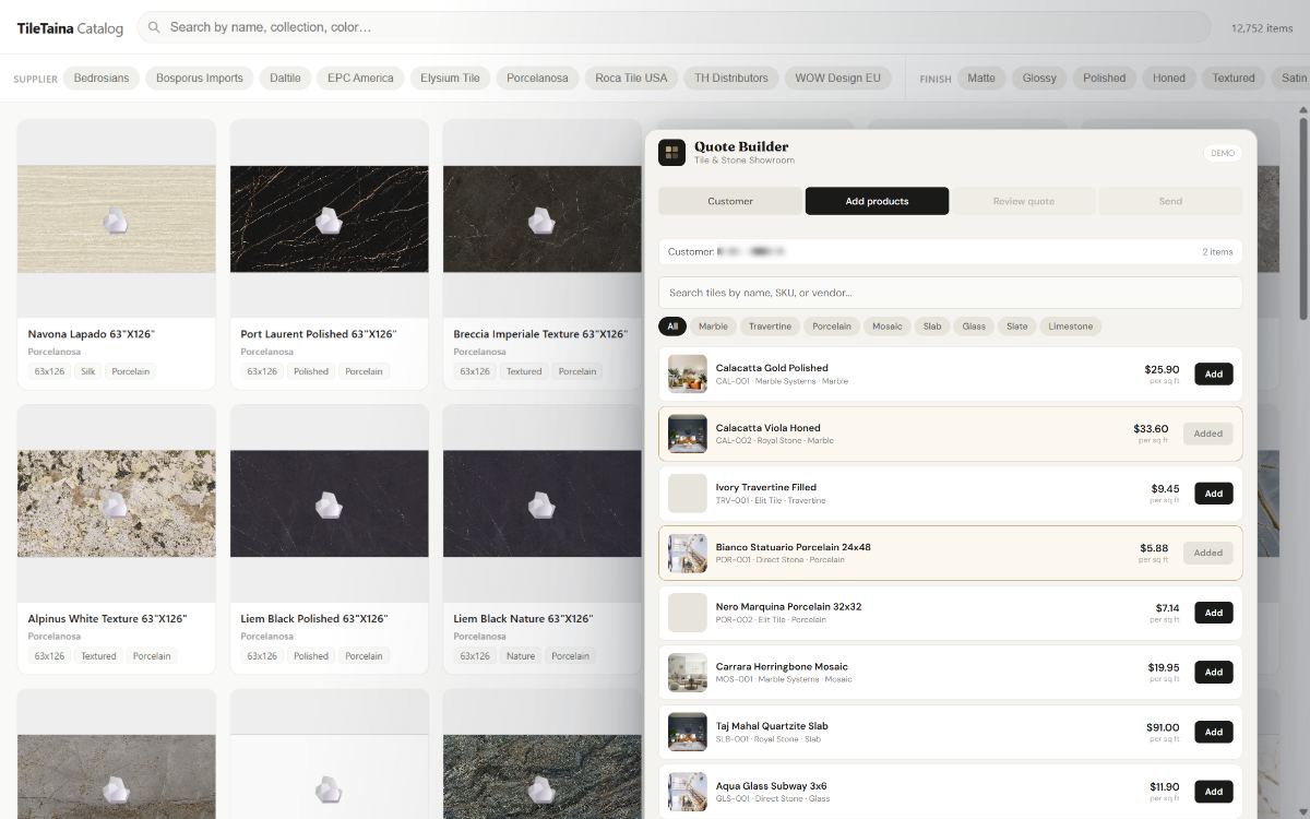 Tile catalog lookup with the Quote Builder app open in front, showing a product list and pricing