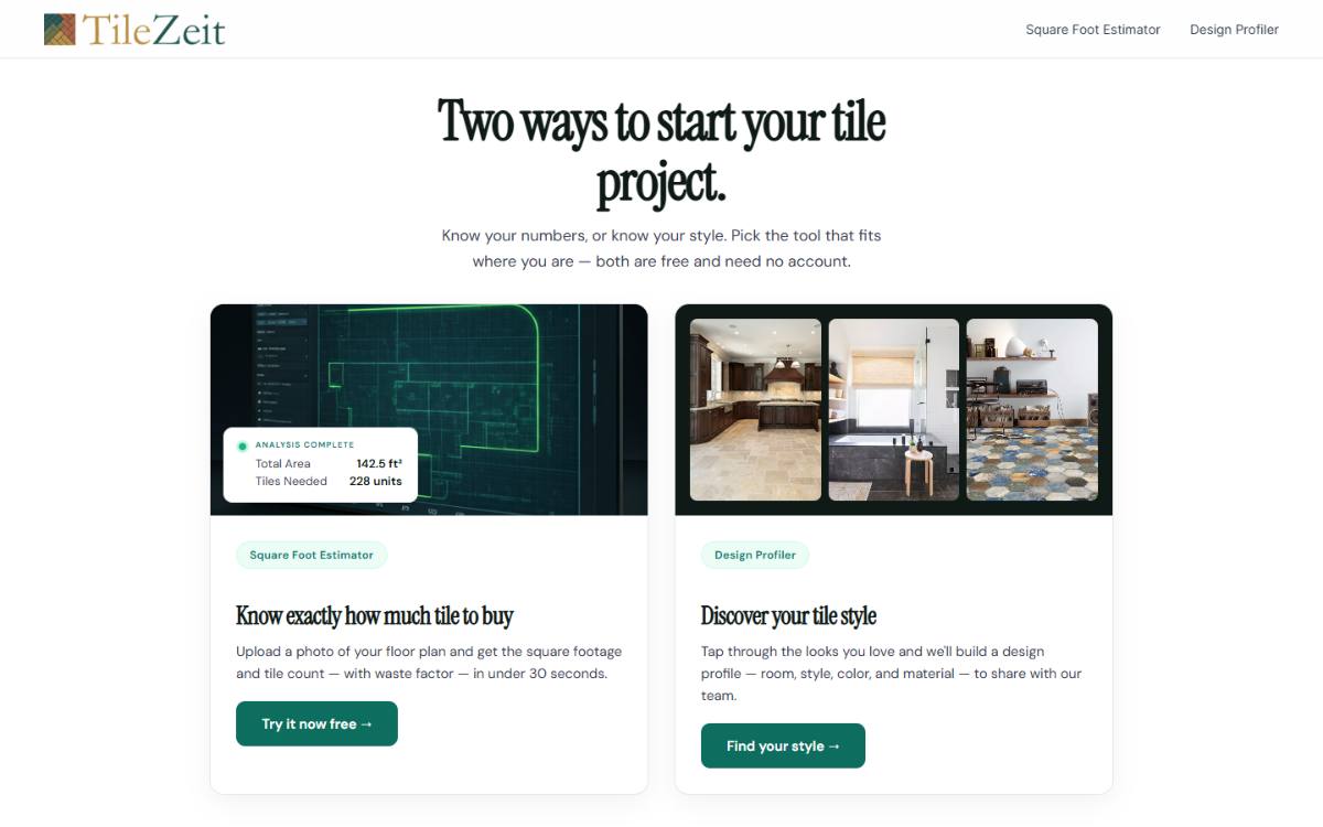 TileZeit Studio homepage with its square-foot estimator and design profiler
